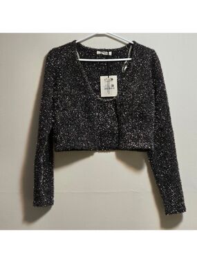 Glamorous Sparkly Black Long Sleeve Crop Top